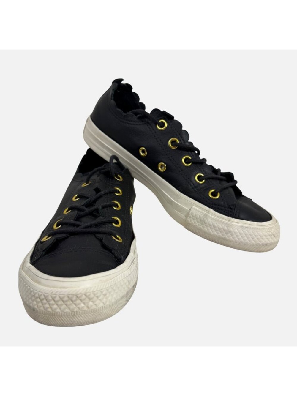 CONVERSE Chuck Taylor Black Leather Low Sneakers "Frilly Thrills" Women's Sz 5
